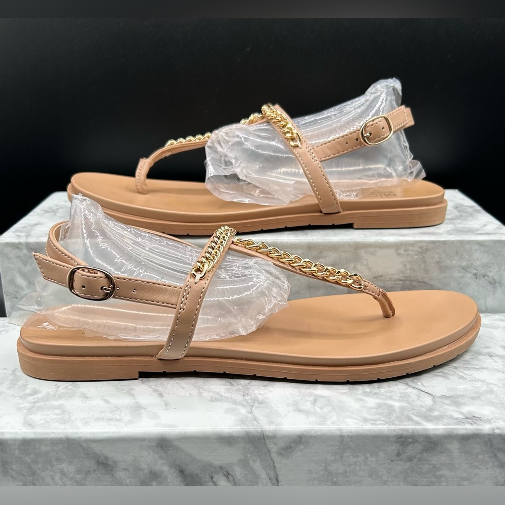 Michael Shannon Nude Tan Chain-Trim Thong Sandals